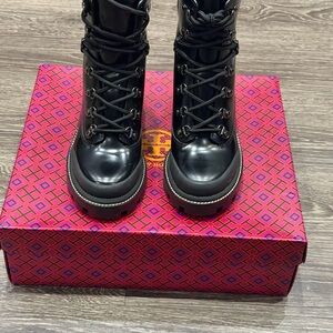 Tory Burch Shiny Black Combat Boots